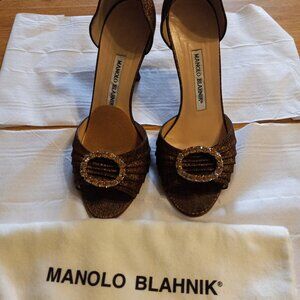 AUTH Manolo Blahnik Rhinestones & Sparkling Satin Pump Heels Shoes w Dust bag